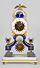 An important Directoire gilt bronze mounted polychrome enamel and bleu turquin and white marble skeleton clock of eight day duration with beautiful enamelled decoration and dial attributed to the preeminent enamellist Joseph Coteau